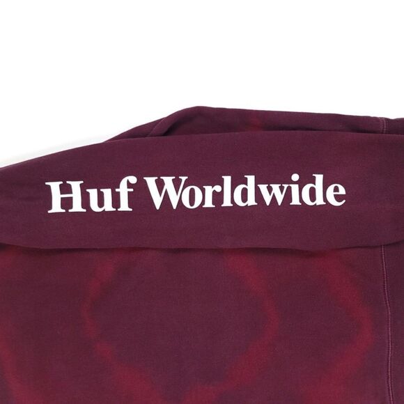 HUF Box Logo Hoodie Fleece Pullover Sweatshirt in Burgundy Tie Dye Mens Medium - Picture 7 of 8